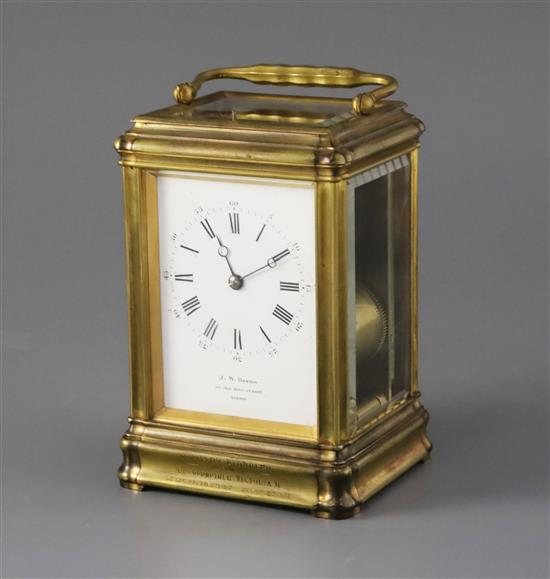 J.W. Benson, Old Bond Street, London - Royal Presentation piece. A late 19th century French ormolu cased Petit Sonnerie carriage clock,